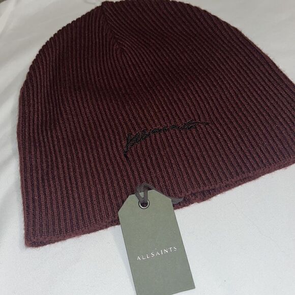 AllSaints Embroidered Script Beanie NWT Burgundy - Picture 6 of 6